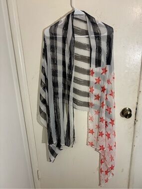 Alice + Olivia Sheer Silk Black, White & Red American Flag Print Scarf
